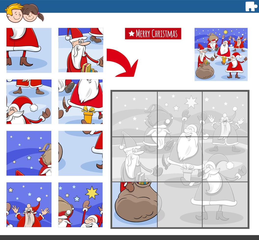 jigsaw puzzle game with Santa Claus characters on Christmas time vector