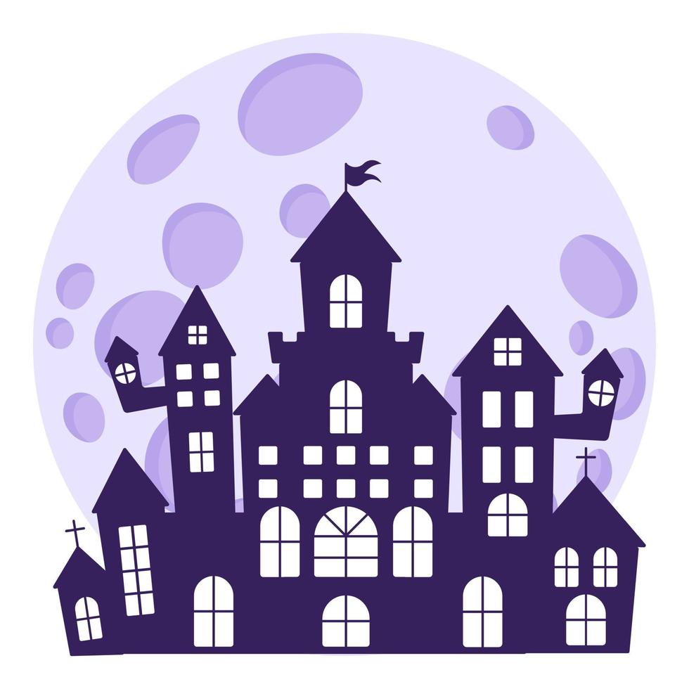 Halloween silhouettes of a medieval haunted castle on the background of a full moon. vector