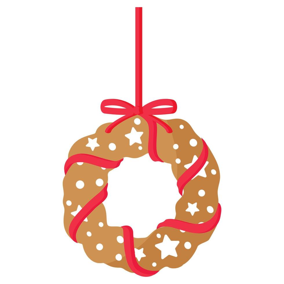 Christmas festive Christmas wreath gingerbread cookie covered by white icing with red ribbon. vector