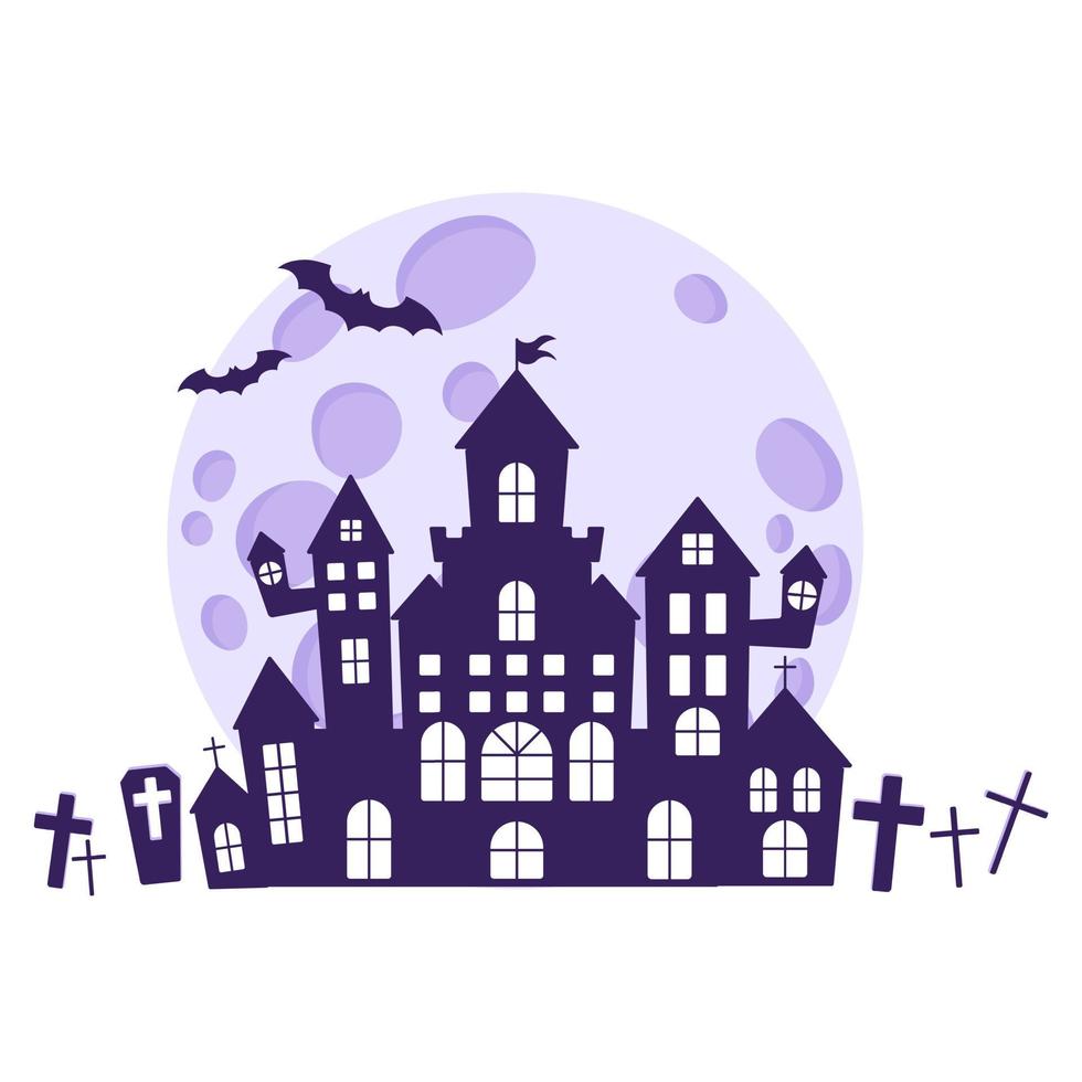 Halloween silhouettes of a medieval haunted castle in a cemetery against the backdrop of a full moon and bats. vector