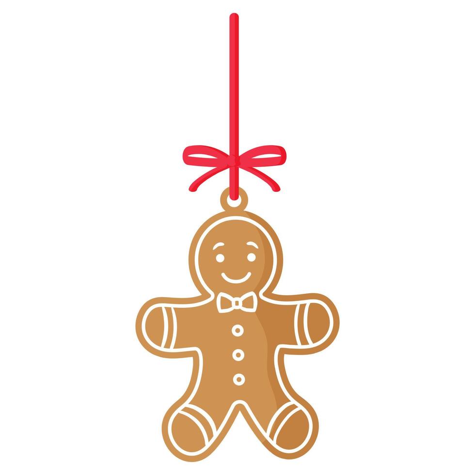Christmas festive gingerbread Man cookie covered by white icing with red ribbon. vector