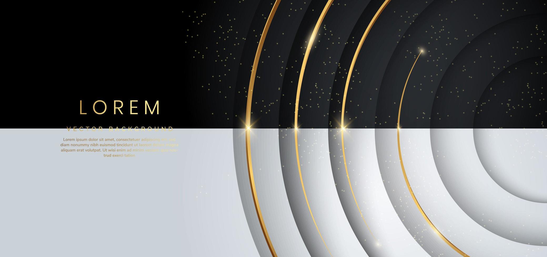 Abstract modern circles layers on black and white background with gold glowing and lighting luxury style. vector