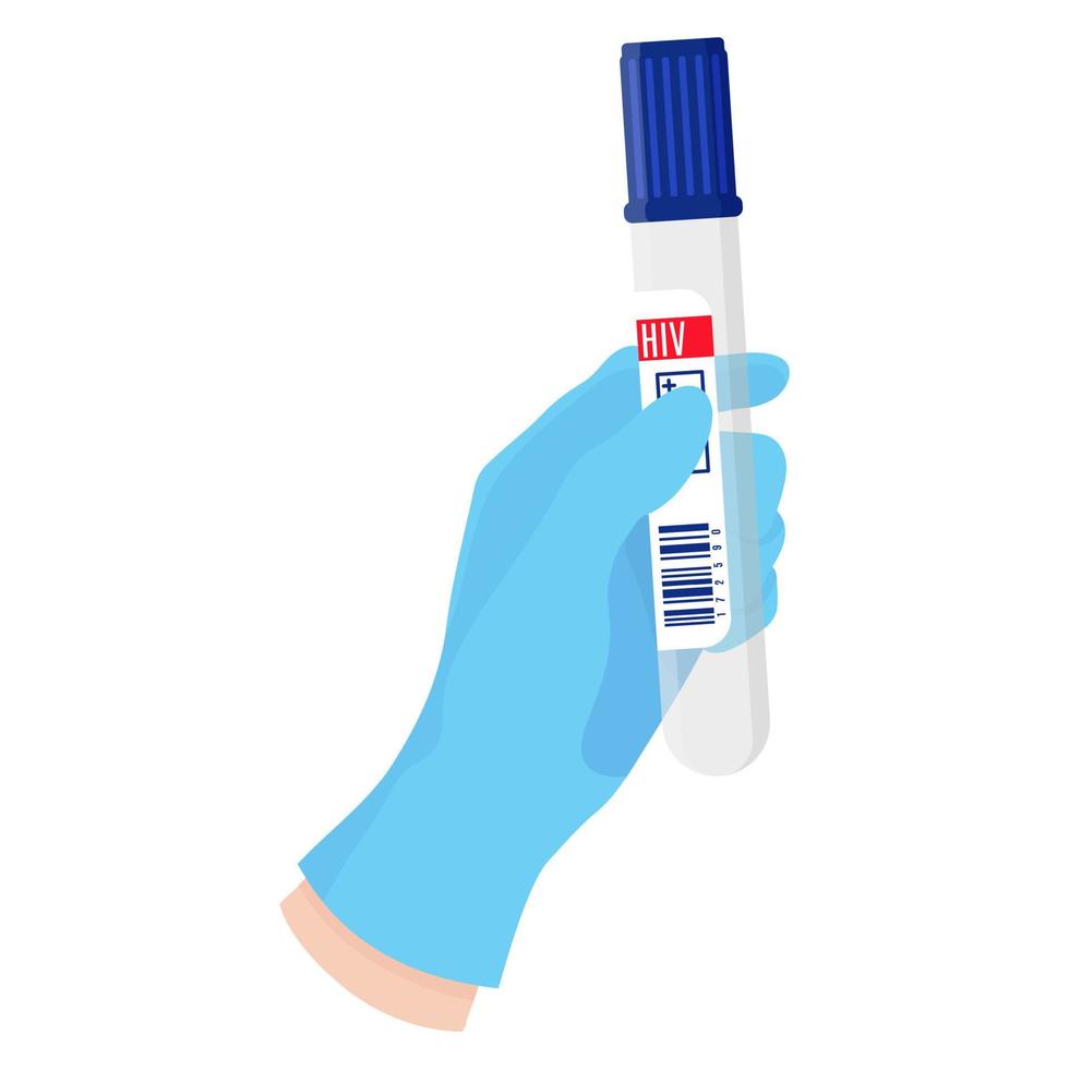 Vector cartoon doctors hand in blue glove holding empty test tube.