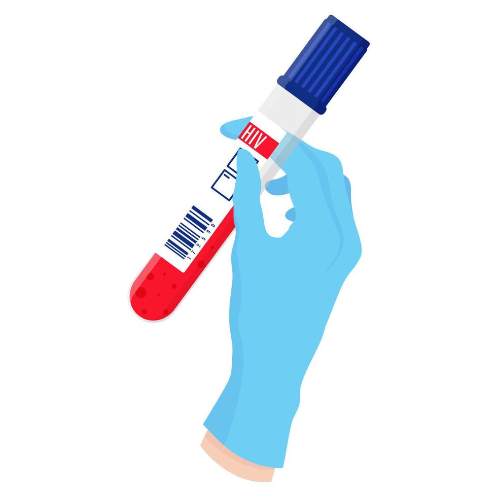 Vector cartoon doctors hand in blue glove holding test tube.