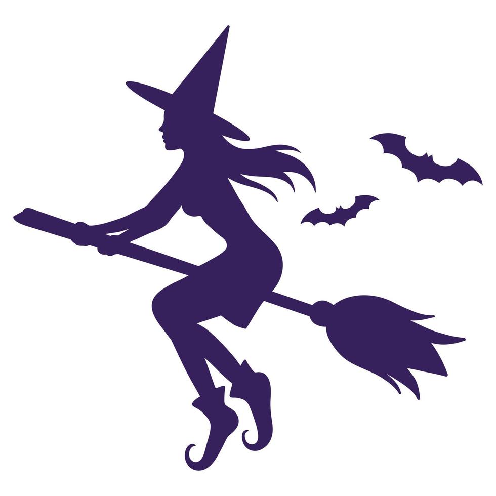 Silhouette of a witch flying on a broomstick and bats. vector