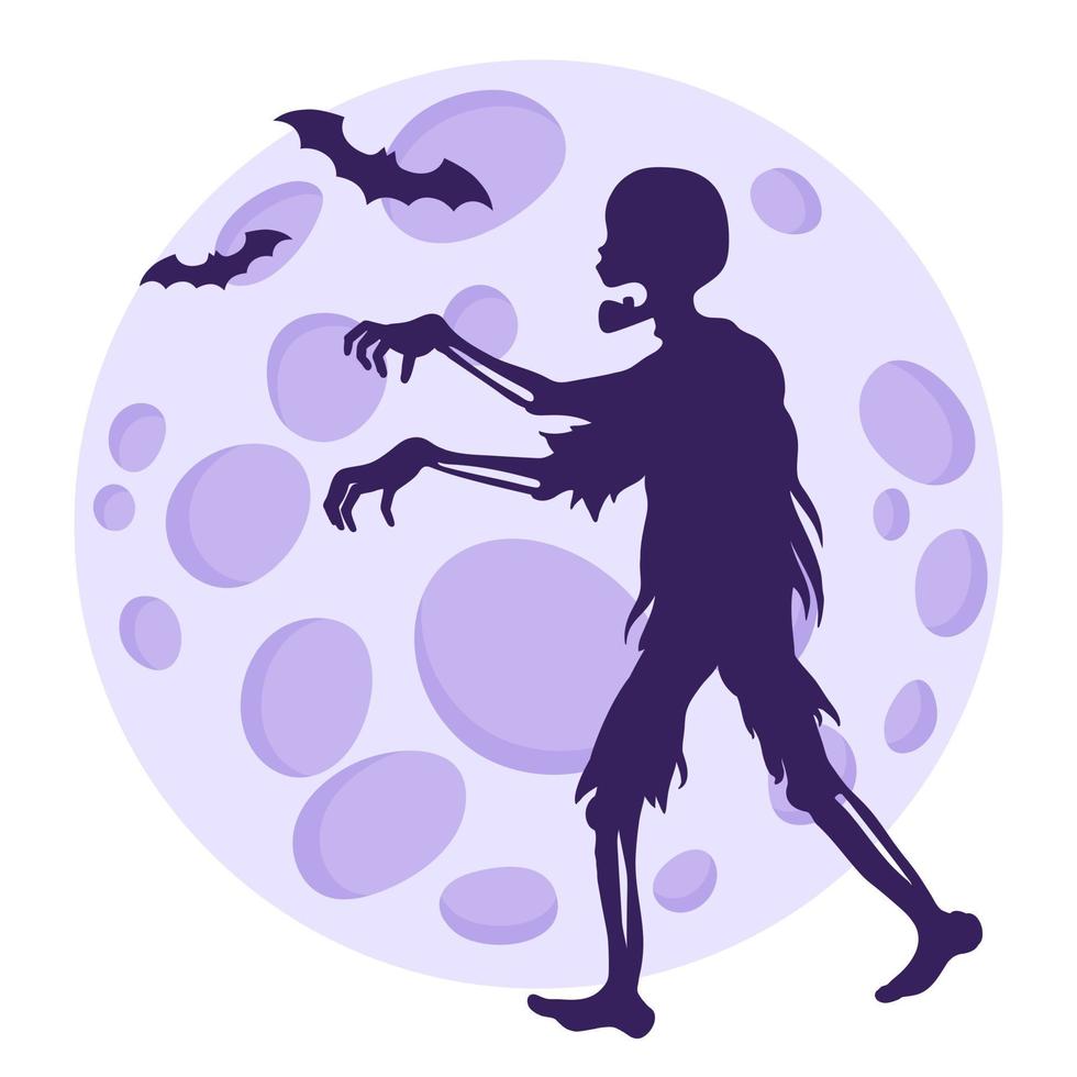 Silhouette of a zombie on the background of the full moon and bats. vector