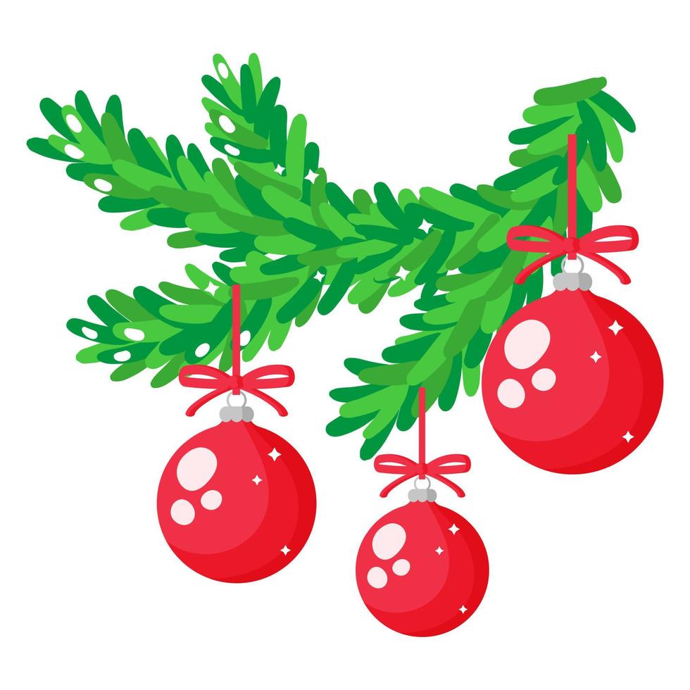 Christmas cartoon festive spruce branch with red decorations. vector