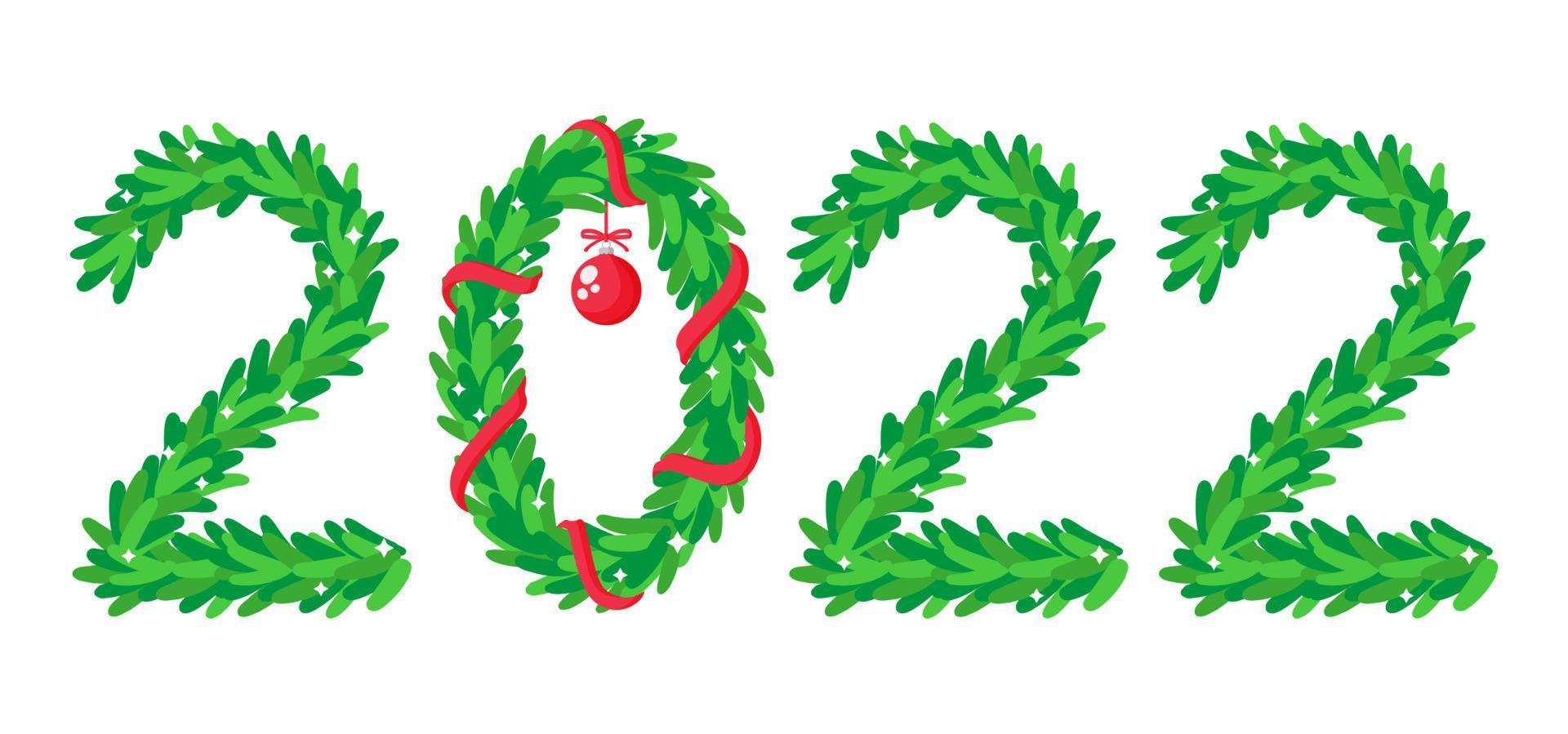 The inscription 2022, the numbers are depicted in the form of a Christmas tree and wreath. Happy new year 2022. vector
