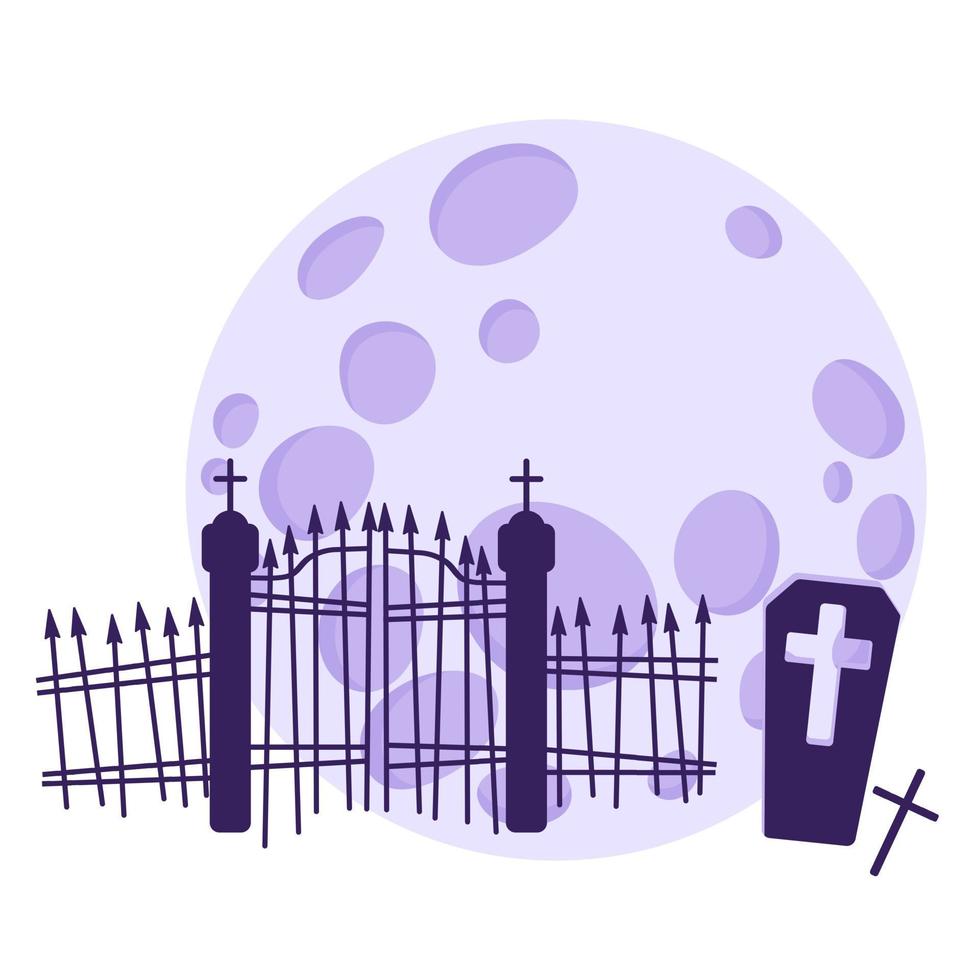 Silhouette of a cemetery and graves against the background of a full moon. vector