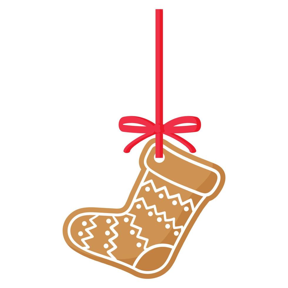 Christmas festive boot gingerbread cookie covered by white icing with red ribbon. vector