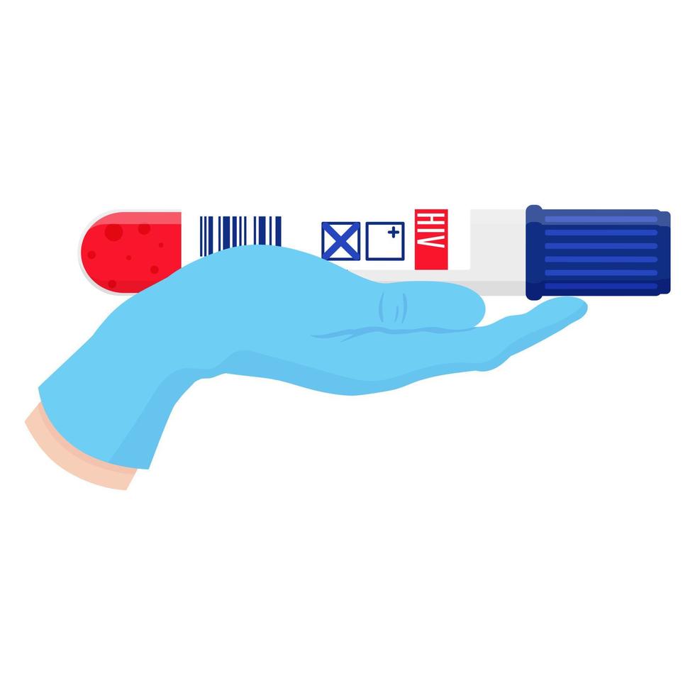 Vector cartoon doctors hand in blue glove holding test tube.