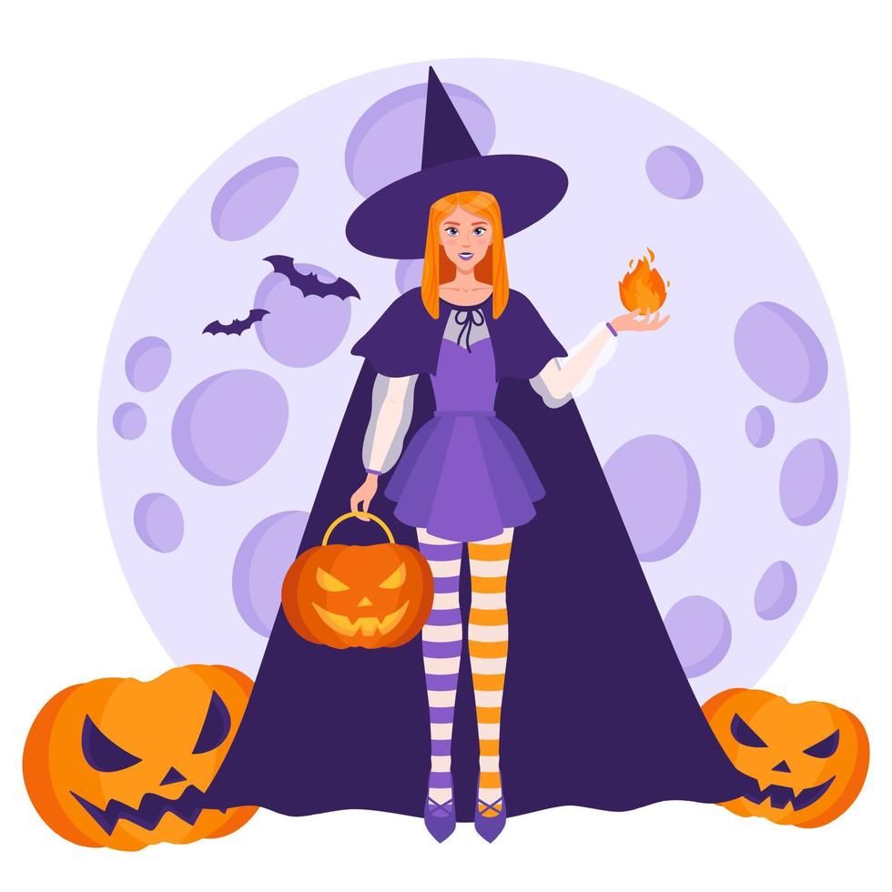 Witch girl with a fireball in her hand and Halloween orange pumpkins on the background of a full moon and bats. vector