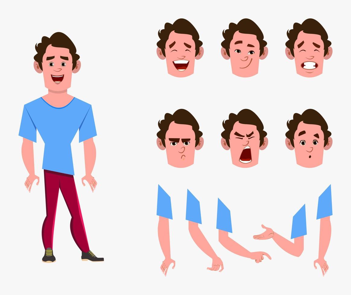 casual cartoon man character set for your animation, design or motion with different facial emotions and hands vector