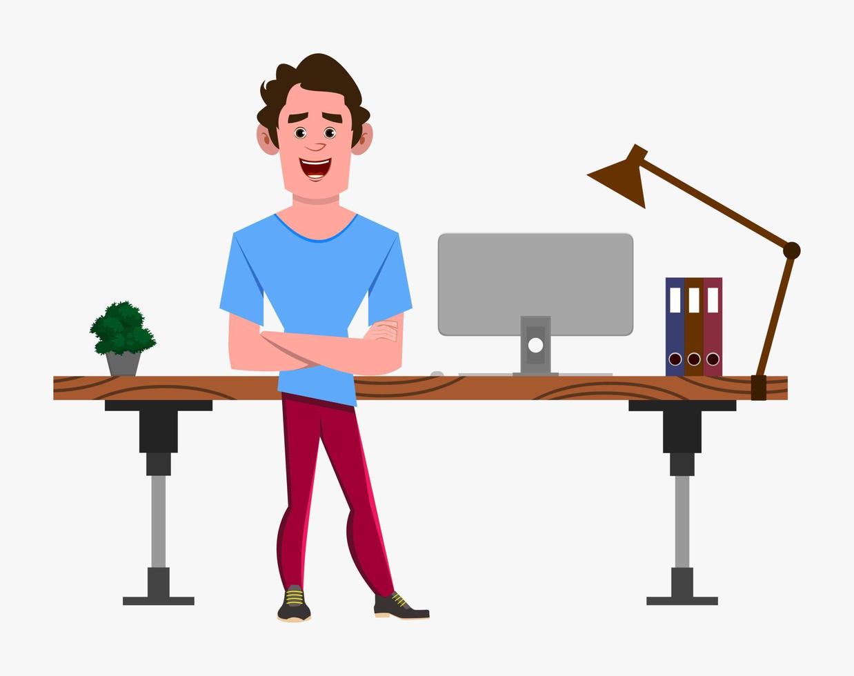 casual cartoon man character stands near his table or workplace vector