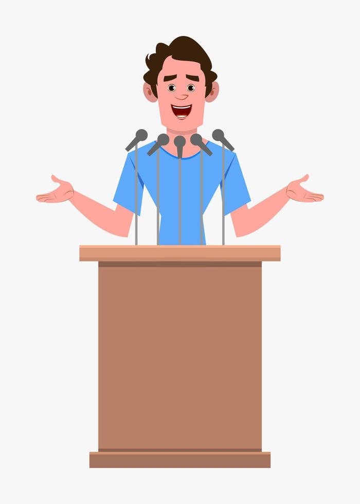 casual cartoon man character speaker stands behind the podium and speaks.  Flat style cartoon character for your design, motion or animation vector