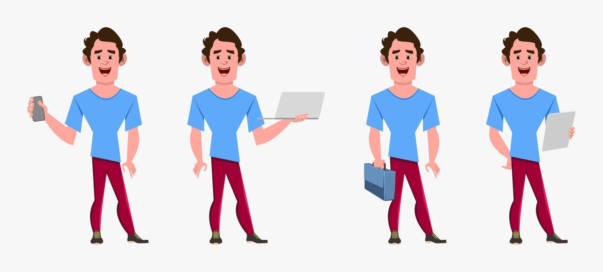 casual cartoon man character in different poses vector