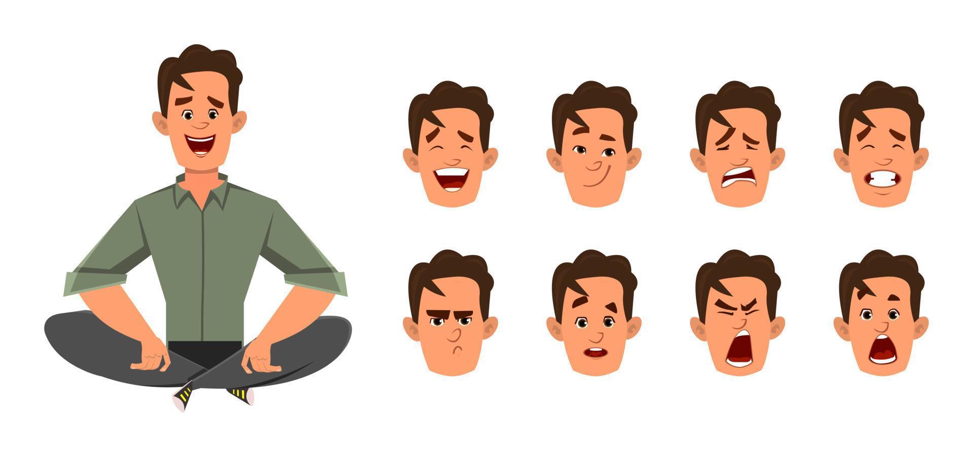 hombre de negocios haciendo yoga o meditación relajante. Carácter de empresario con diferentes tipos de expresión facial. vector