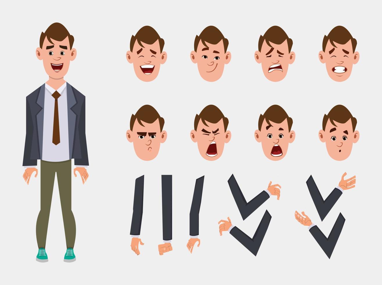 lindo personaje de dibujos animados de empresario para su animación, diseño o movimiento con diferentes emociones faciales y manos vector