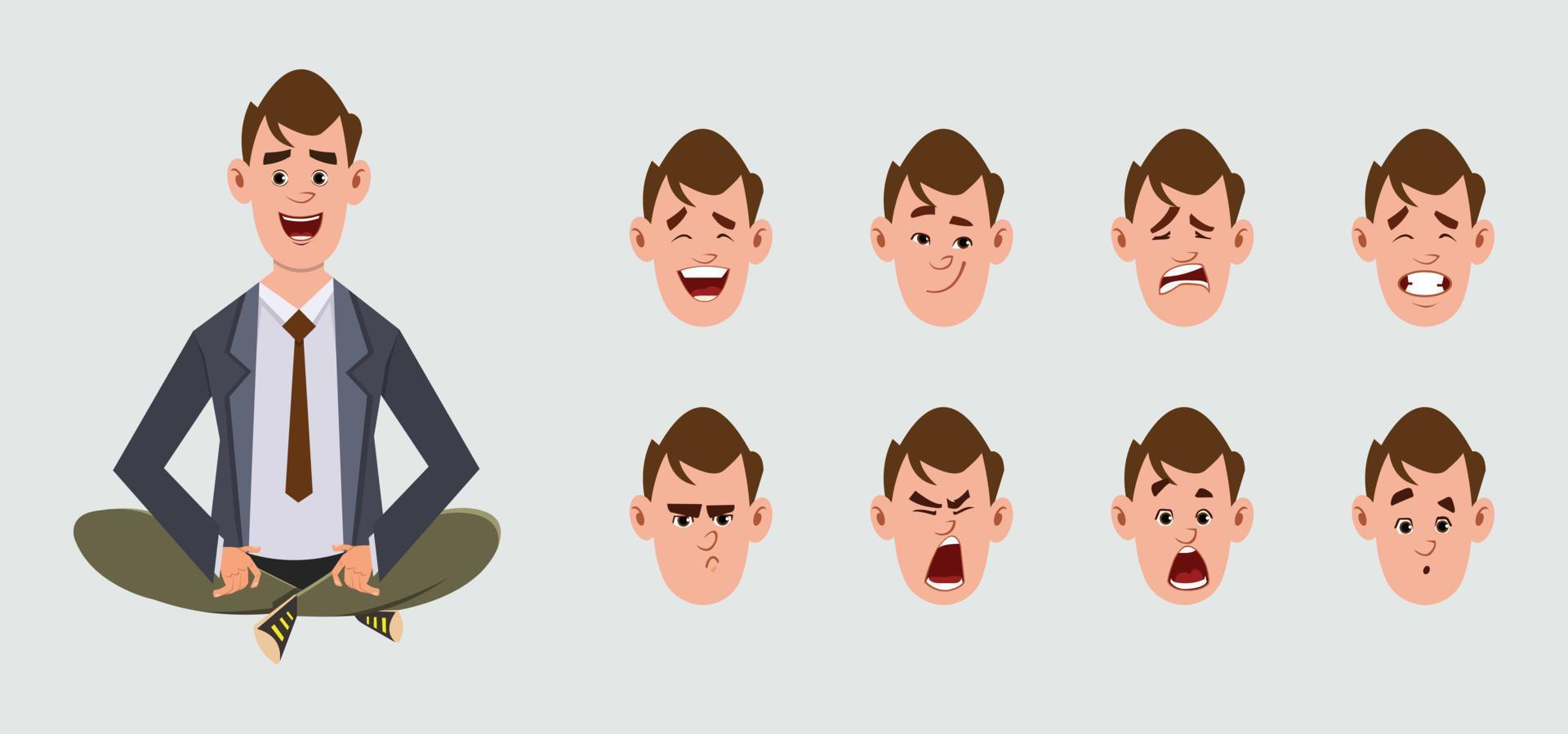 cute businessman doing yoga or relax meditation. businessman character with different type of facial expression vector