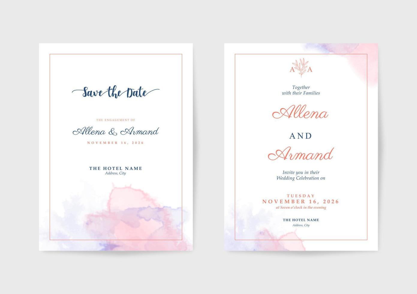 Minimalist wedding invitation template with beautiful watercolor vector