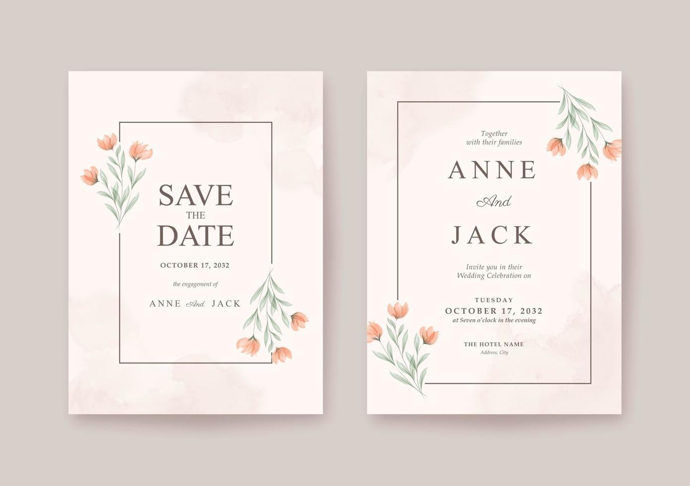 Simple and beautiful wedding card with flower watercolor vector