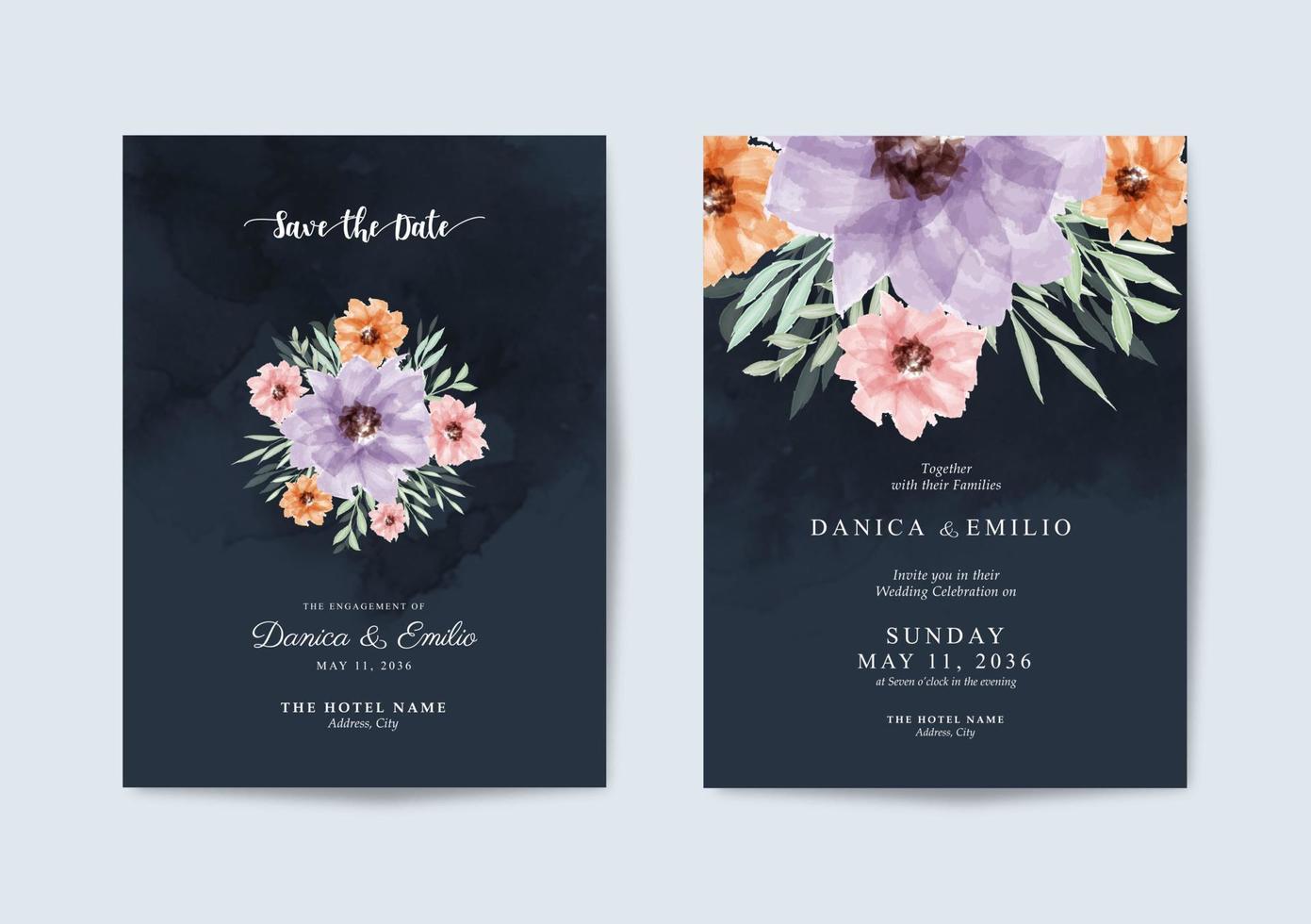 Elegant wedding invitation template with beautiful bouquet floral vector
