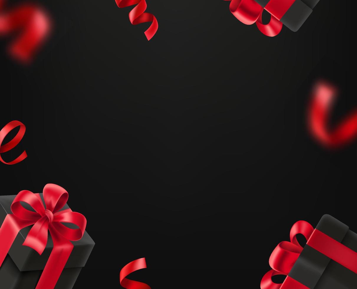 Black boxes with red ribbons. 3d style vector banner