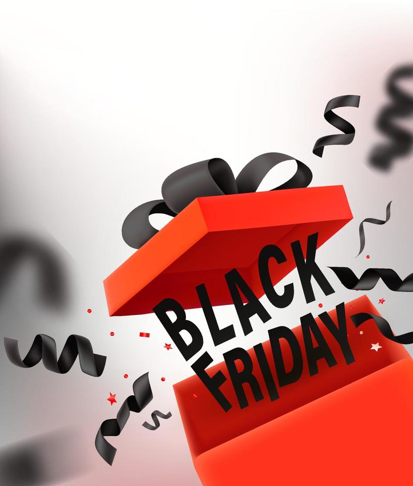 Black friday vector banner with black ribbons and red box