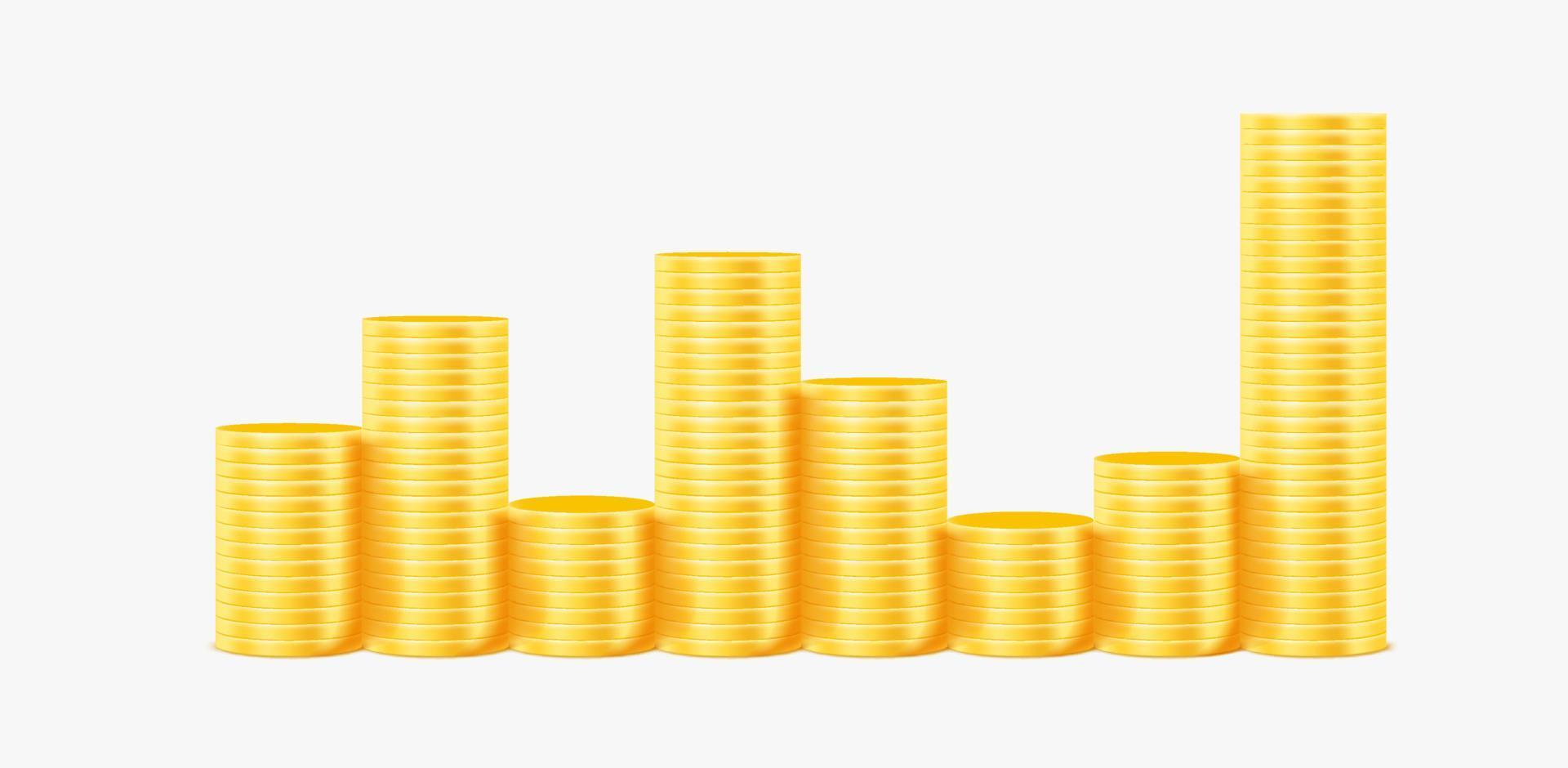 Stacks of golden coins in a line. Golden coins stacks vector illustration