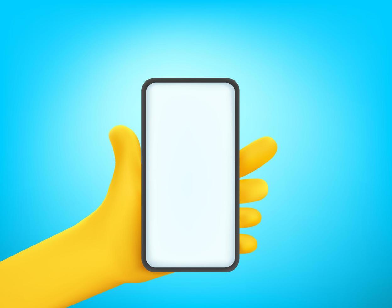 Hand holding modern smartphone with blank screen. Comic style vector illustration