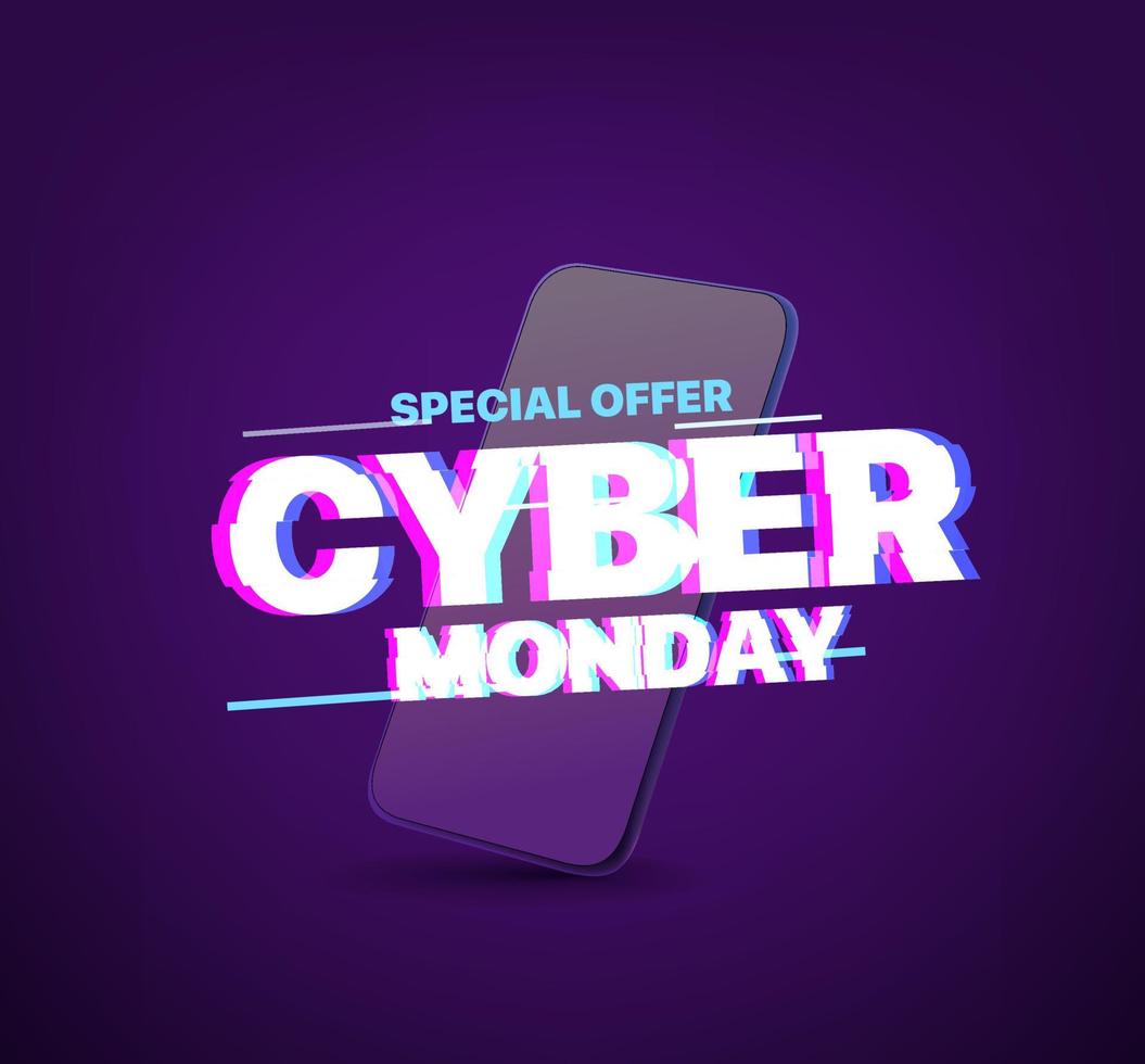 Cyber monday banner with modern smartphone. Glitch effect vector