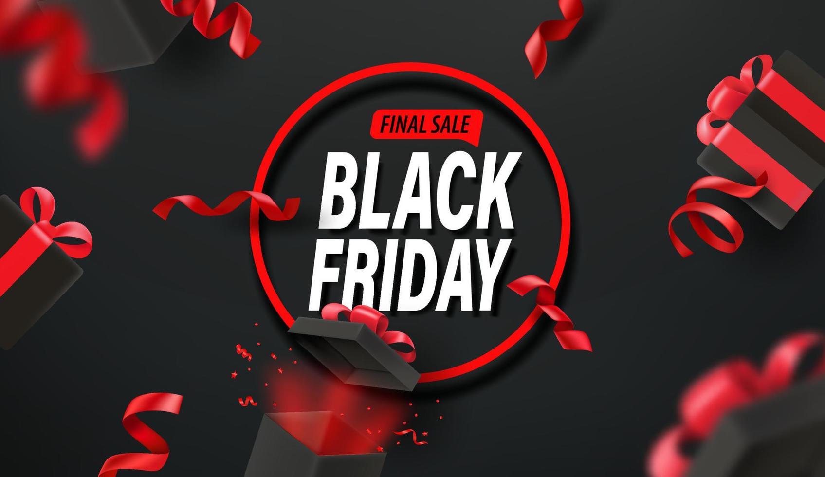 Black friday final sale vector banner with red ribbons and gift boxes