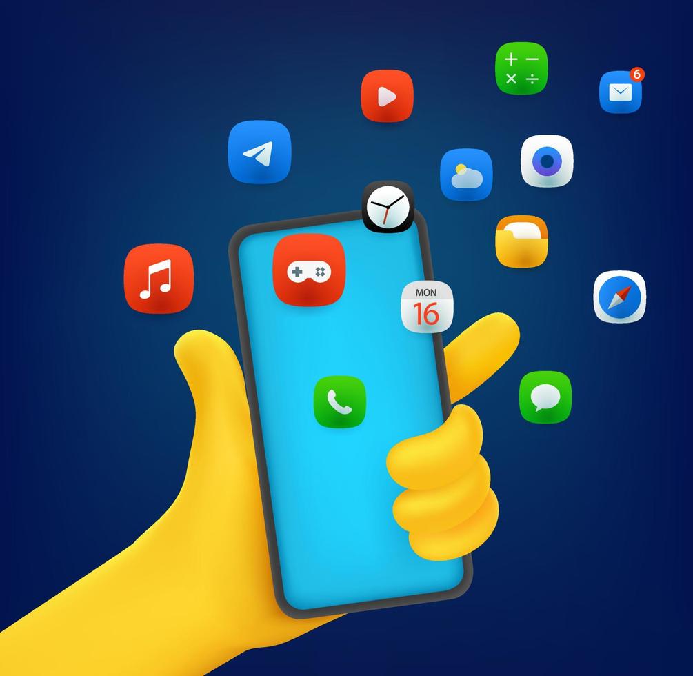 mano que sostiene el teléfono inteligente moderno con iconos de aplicaciones. Ilustración de vector de estilo cómico 3d