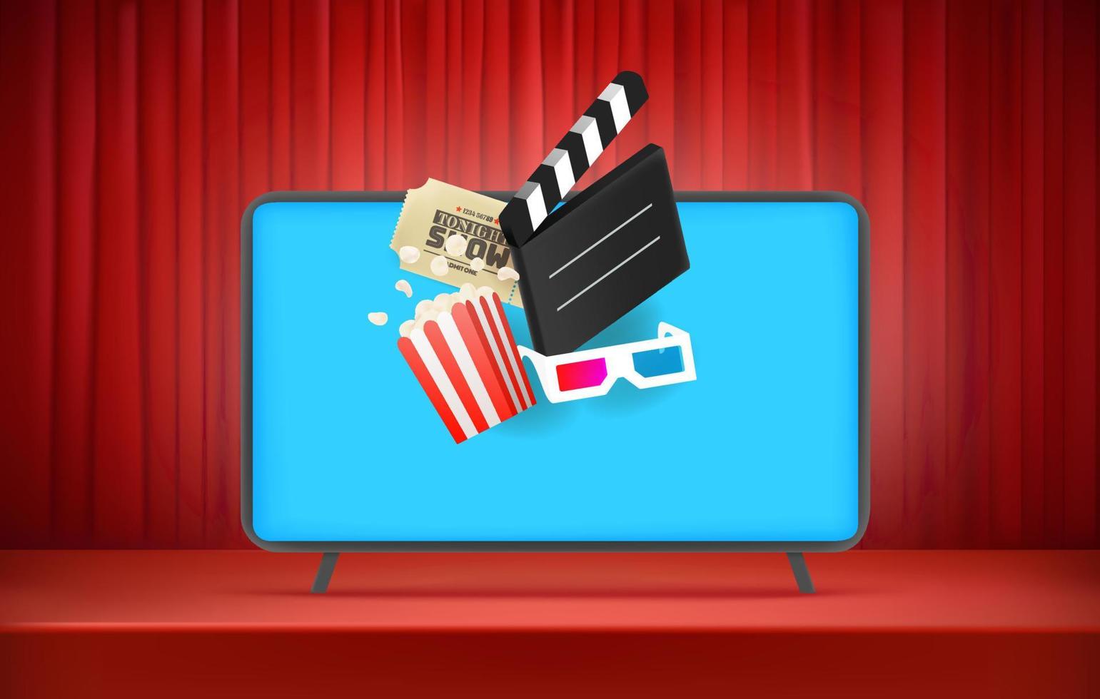 Modern tv with 3d-glasses, ticket, clap and popcorn. Entertainment concept. vector