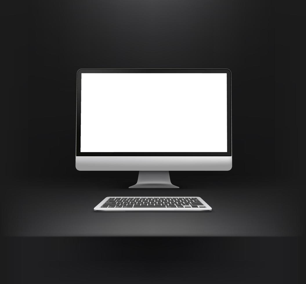 Dark interior with modern computer with keyboard. Vector mockup