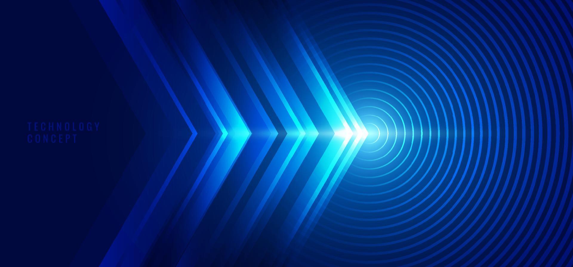Abstract technology concept blue arrows with circles lines and lighting effect background vector