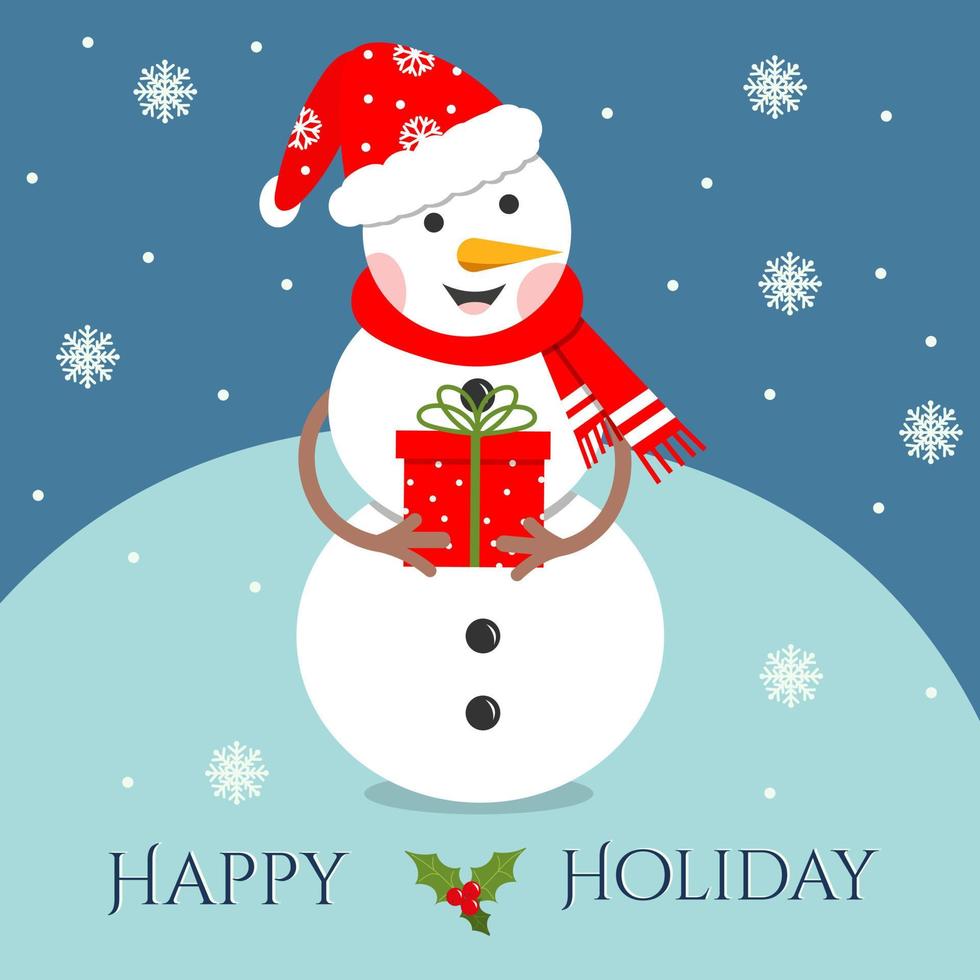 Happy snowman character in a hat and scarf holds gift. Christmas greeting card, flat vector illustration