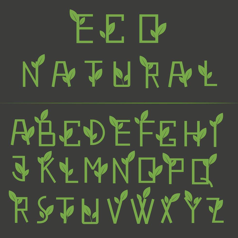 Eco natural font with green leaves on black background. Typography simple alphabet. Vector illustration