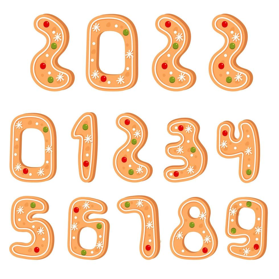 Numbers from gingerbread cookies set, isolated on white background. Christmas ornament vector illustration