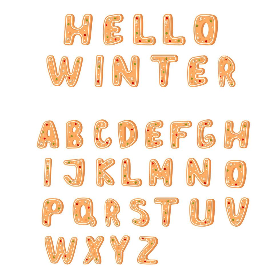 Alphabet from gingerbread cookie, isolated on white background. Christmas ornament vector illustration.