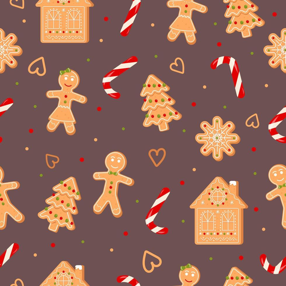 Gingerbread man, house, tree and candy seamless pattern on brown background. Holiday decoration, vector illustration.