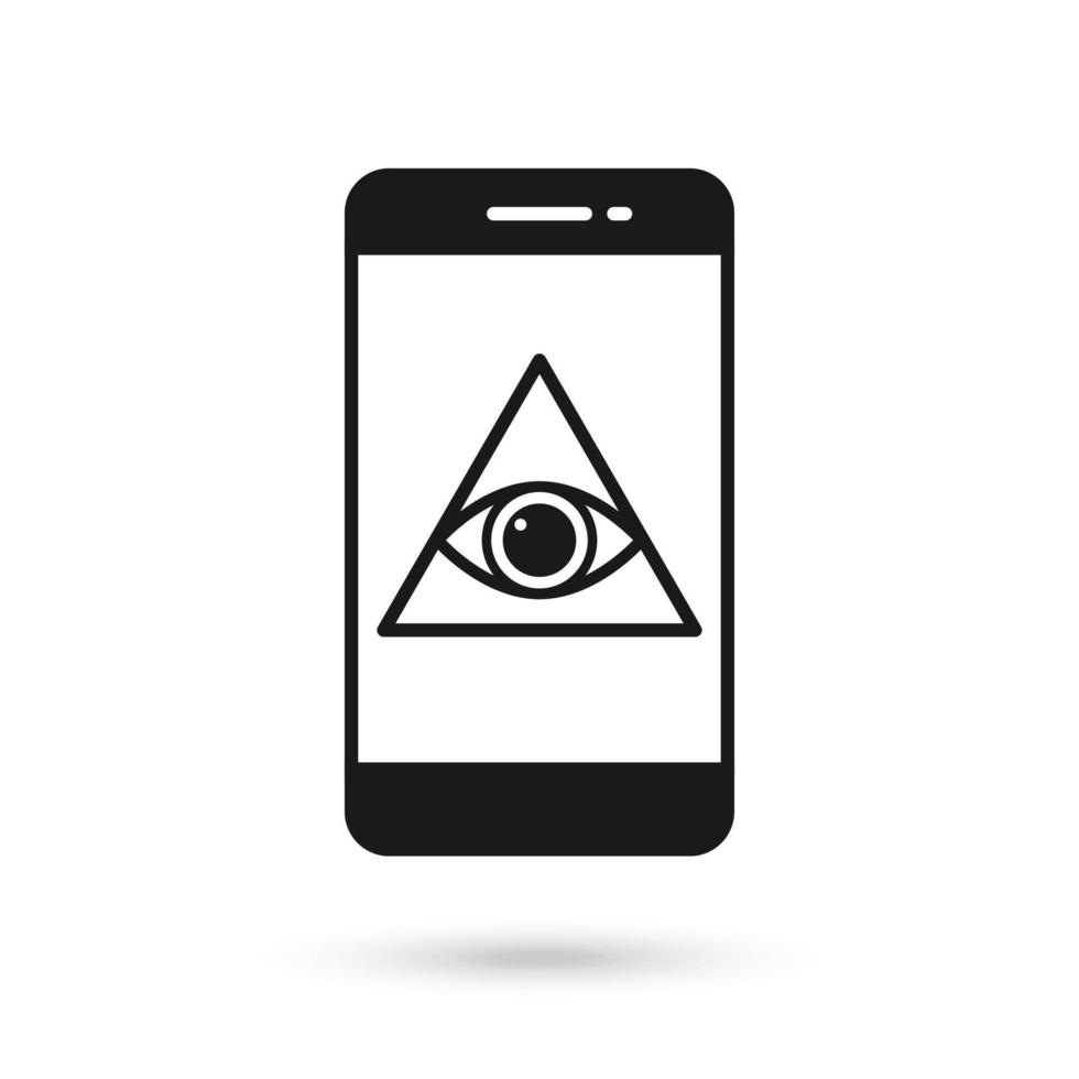 Mobile phone flat design icon with All Seeing Eye Pyramid symbol vector