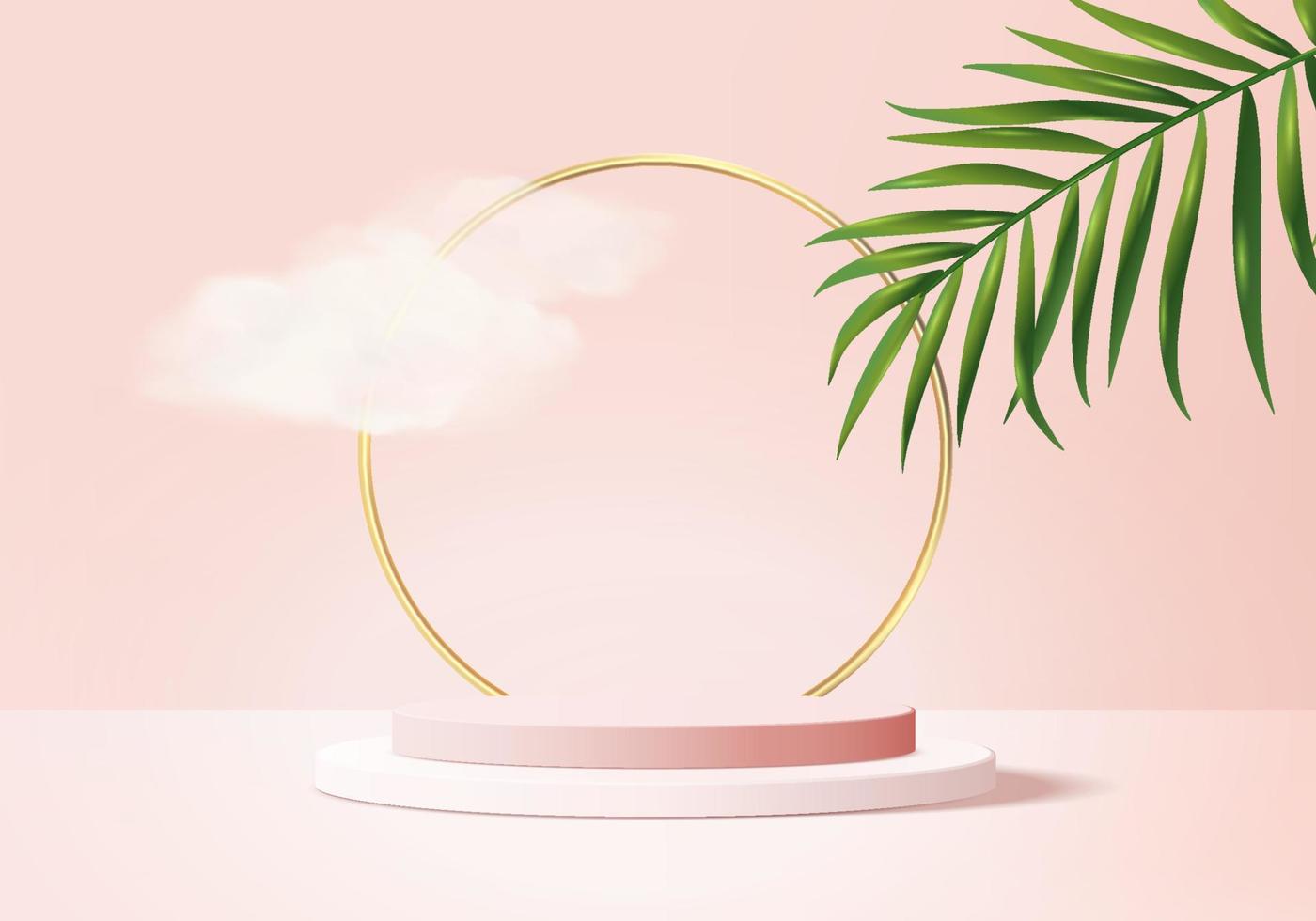 vector de fondo Representación rosa 3d con podio y escena de nube mínima, fondo de exhibición de producto mínimo 3d renderizado forma geométrica cielo nube rosa pastel escenario 3d render producto en plataforma