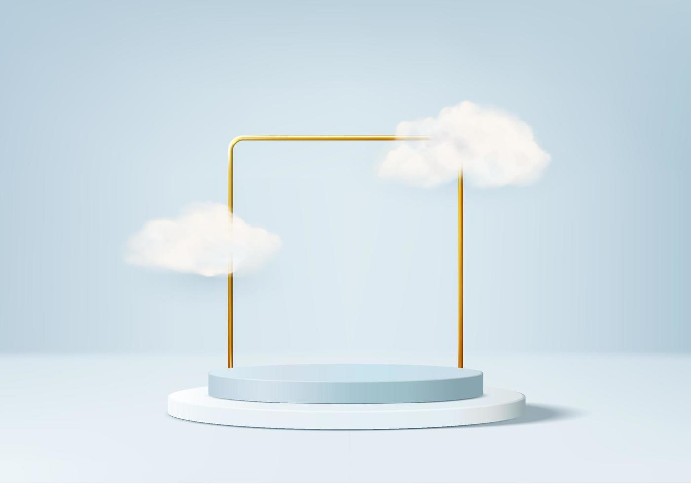 Escena del podio de la exhibición del producto del fondo 3d con la plataforma geométrica de la nube. render 3d de vector de fondo de nube con podio. Stand para mostrar el producto cosmético. Escaparate de escenario en pedestal display blue studio