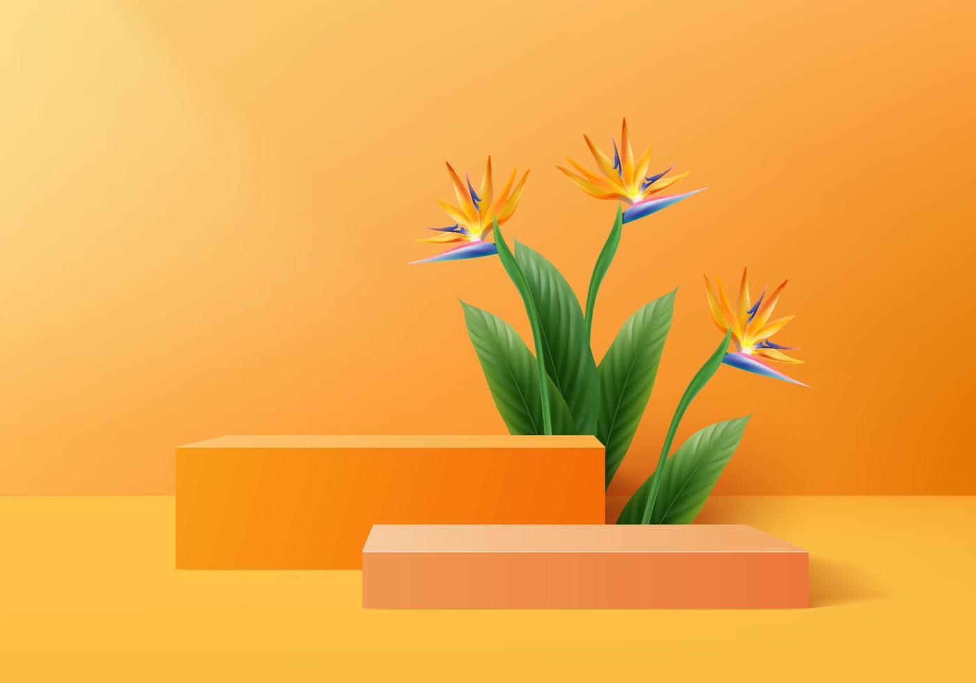 Procesamiento de palma naranja 3D para verano tropical. Escena de podio de exhibición de producto de fondo con plataforma tropical de vacaciones. vector de fondo de verano 3d con podio. soporte para exhibición de productos cosméticos