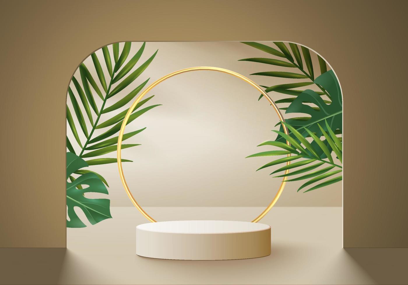 3d background products display podium scene with geometric platform. background vector 3d rendering with podium. stand to show cosmetic products. Stage showcase on pedestal display beige studio