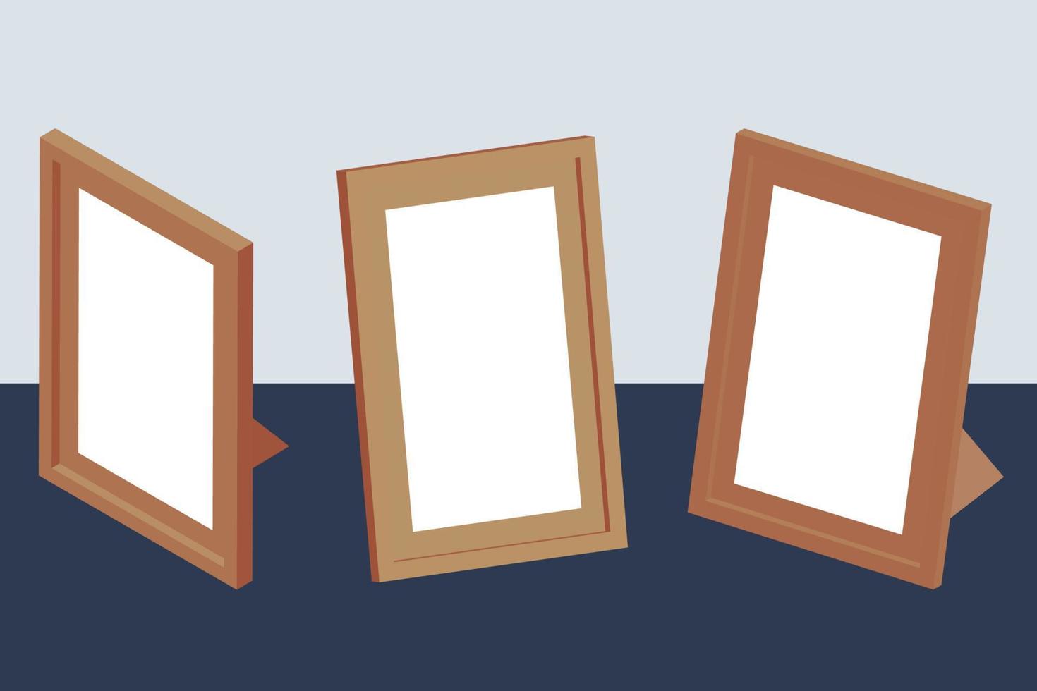 Wooden frame set. Collection of isometric wooden frames. 3D rendering. Frames on blue surface mockup. White blank space for your images and text, copy space mock up. vector