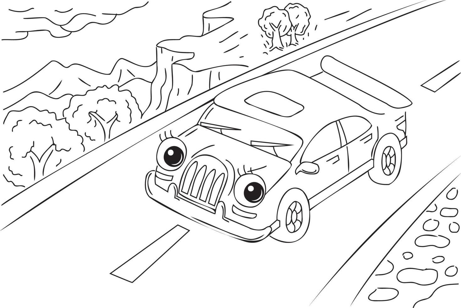 Cute car, cartoon character illustration. Car with eyes on road outline  illustration for coloring book. Coloring book black and white. 4243585  Vector Art at Vecteezy