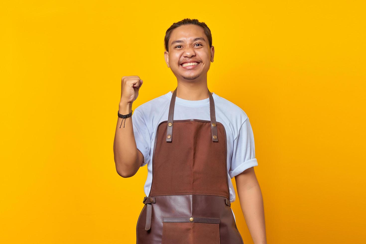 Retrato de jóvenes asiáticos emocionados vistiendo delantal celebrando el éxito con las manos levantadas sobre fondo amarillo foto