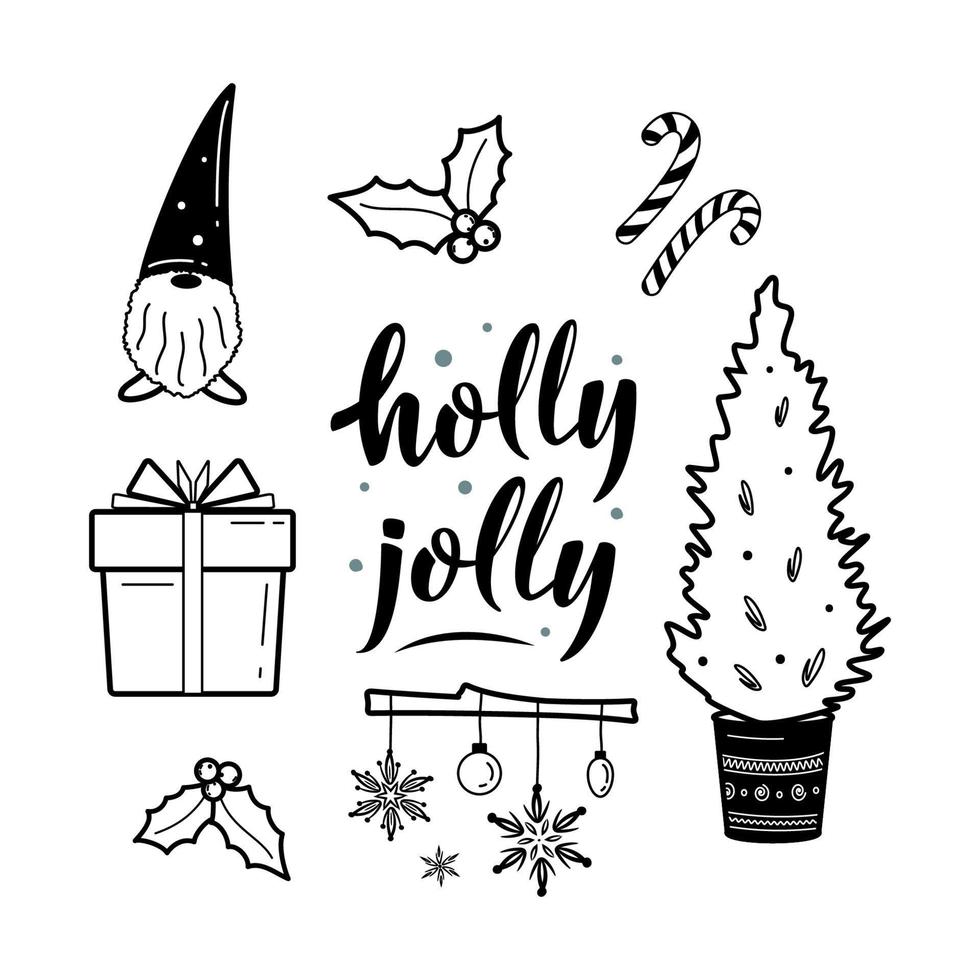 Big set of hygge and christmas cozy elements. Holly jolly lettering sign. Winter elements for greeting cards, posters, stickers and seasonal design. Isolated on white background. Winter decorations vector